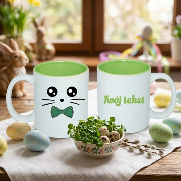 Wielkanocny personalizowany Kubek Zając z kokardą zielony