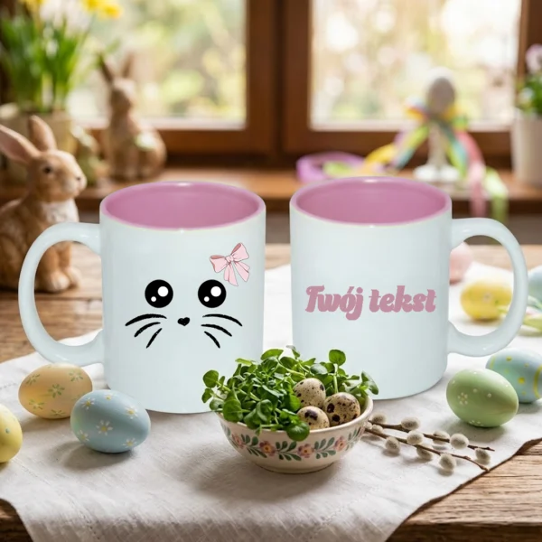Wielkanocny personalizowany Kubek zając z kokardką różowy