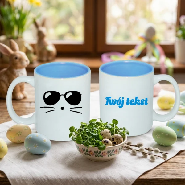 Wielkanocny personalizowany kubek zając w okularach niebieski
